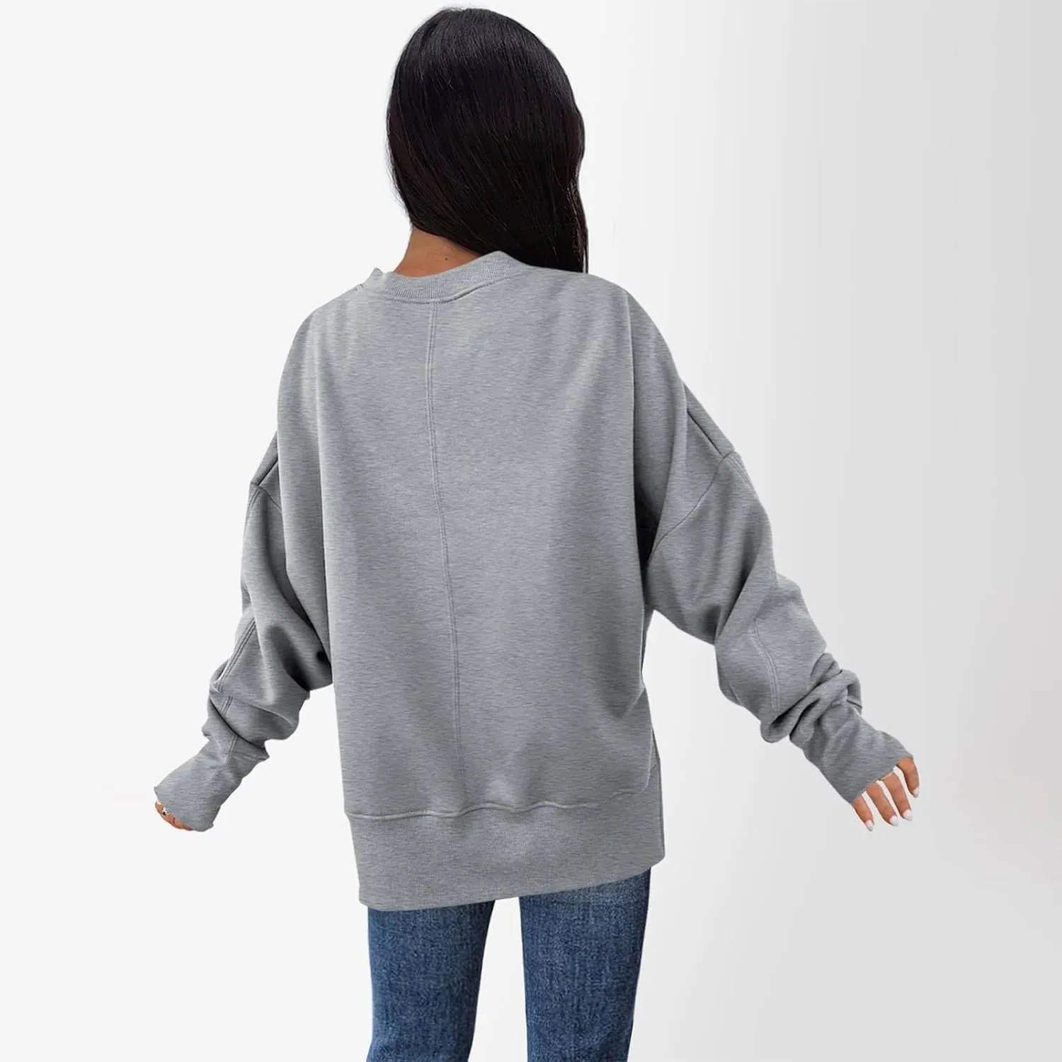 Crew Neck Sweatshirts Women Baggy Split Side Oversized Sweatshirt with Thumb Hole Comfy Lightweight Pullover Sweater