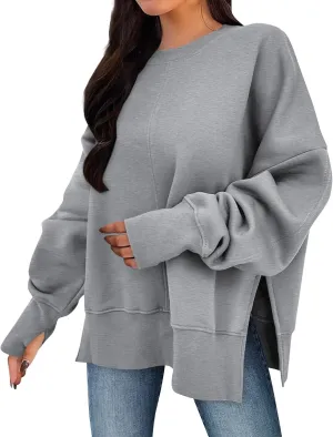 Crew Neck Sweatshirts Women Baggy Split Side Oversized Sweatshirt with Thumb Hole Comfy Lightweight Pullover Sweater