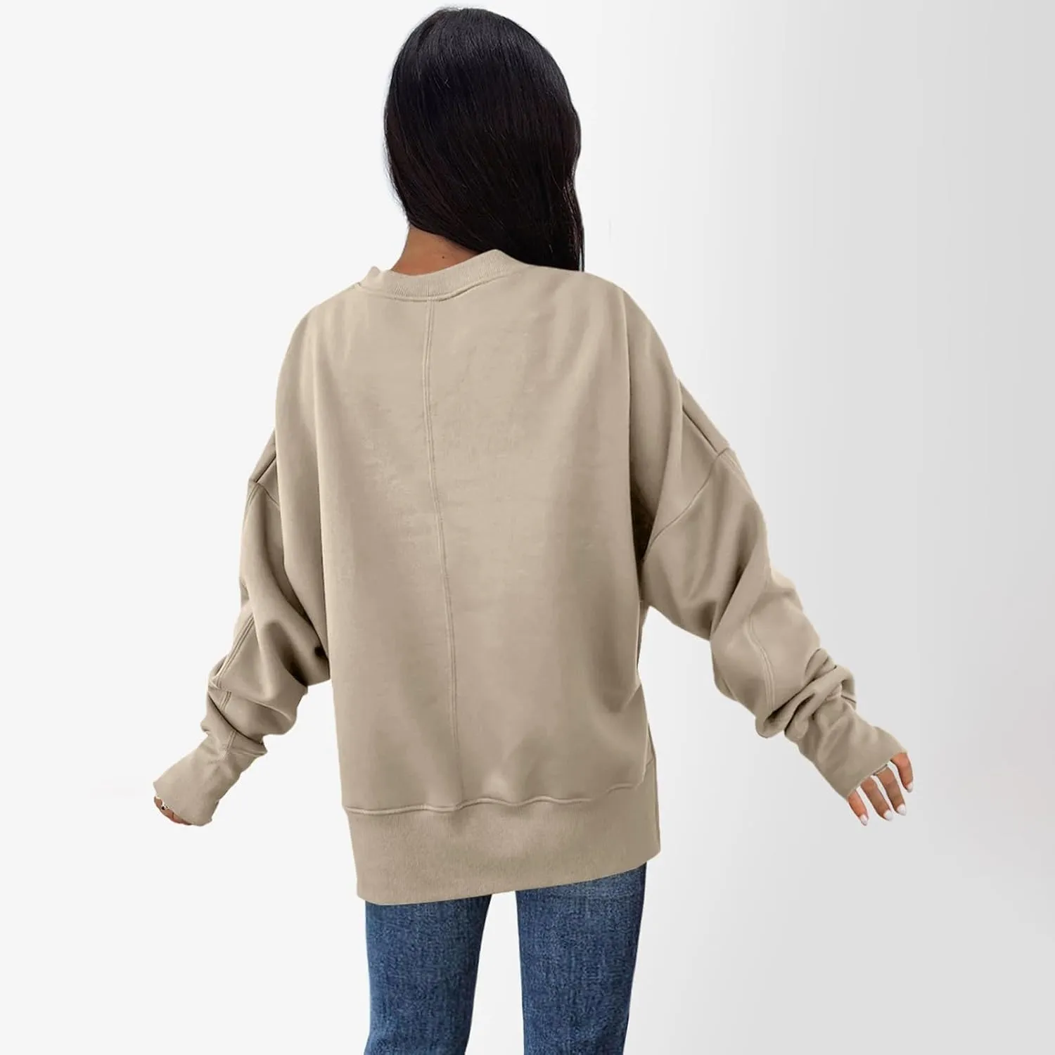 Crew Neck Sweatshirts Women Baggy Split Side Oversized Sweatshirt with Thumb Hole Comfy Lightweight Pullover Sweater