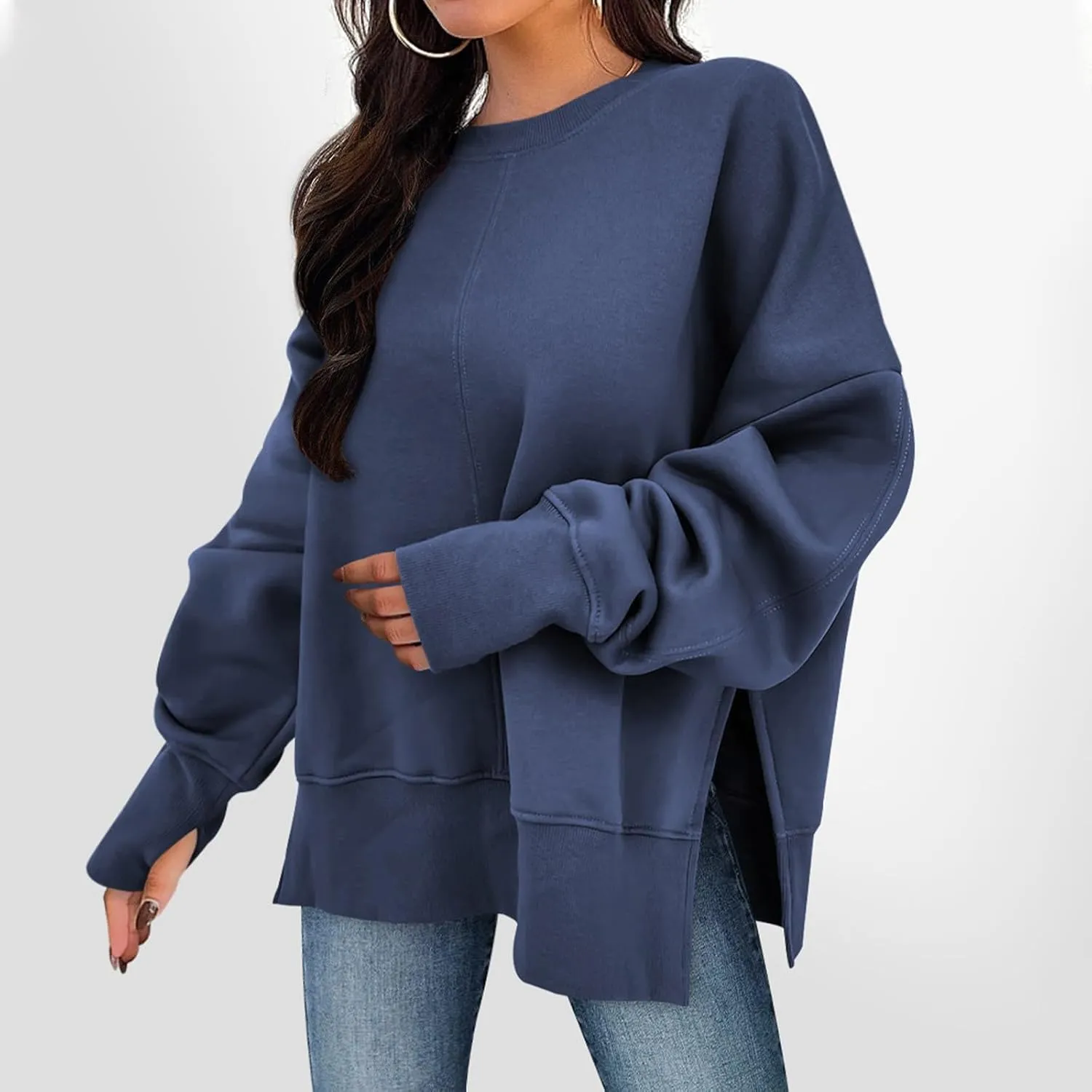 Crew Neck Sweatshirts Women Baggy Split Side Oversized Sweatshirt with Thumb Hole Comfy Lightweight Pullover Sweater