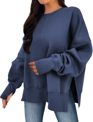 Crew Neck Sweatshirts Women Baggy Split Side Oversized Sweatshirt with Thumb Hole Comfy Lightweight Pullover Sweater