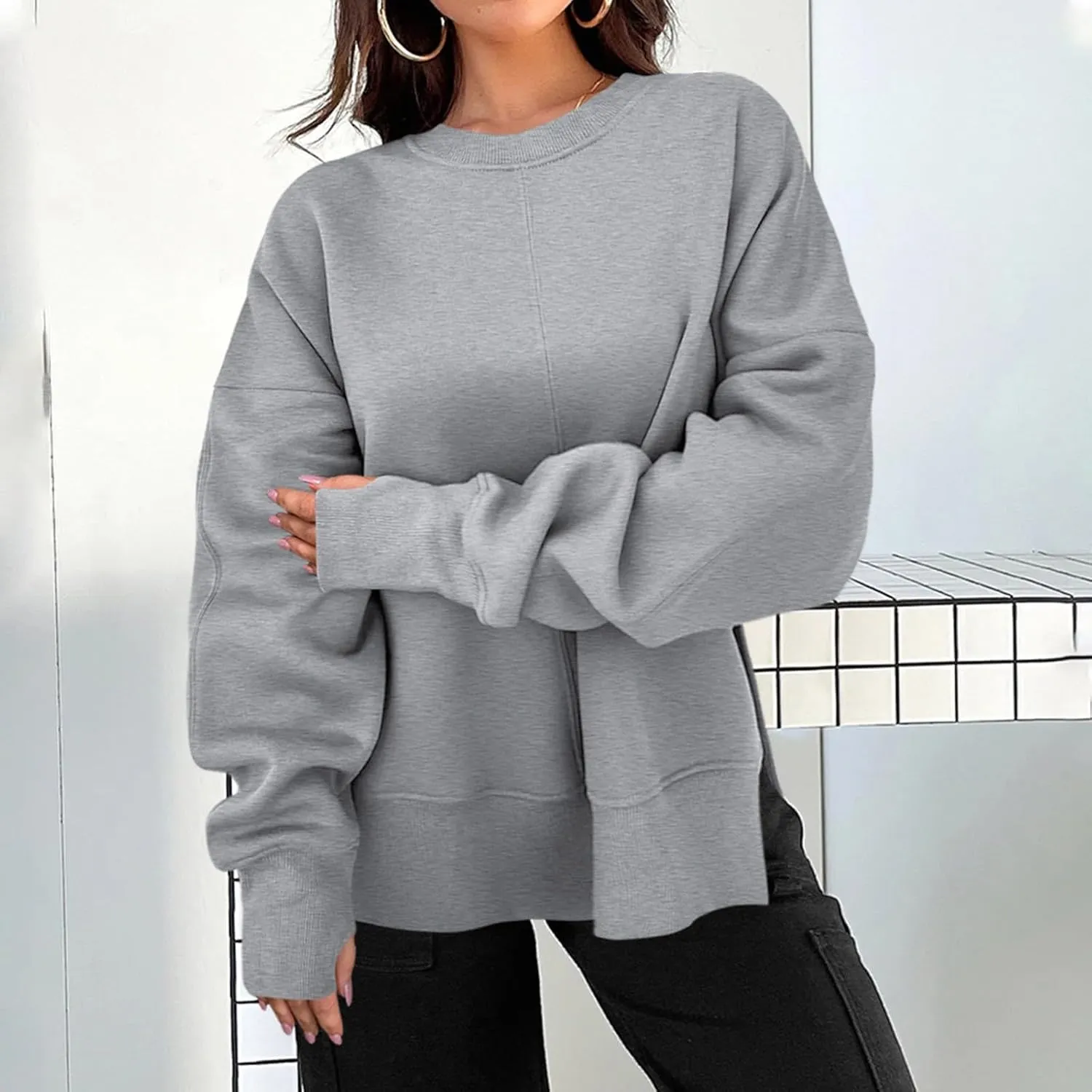 Crew Neck Sweatshirts Women Baggy Split Side Oversized Sweatshirt with Thumb Hole Comfy Lightweight Pullover Sweater