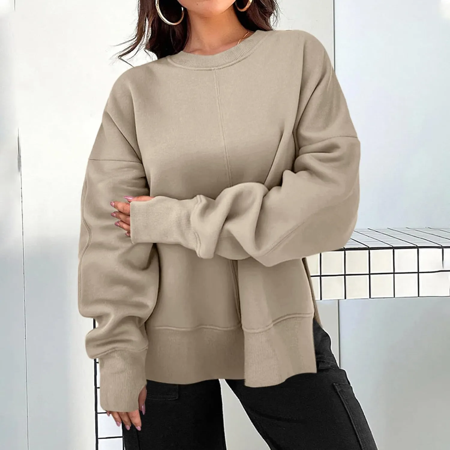 Crew Neck Sweatshirts Women Baggy Split Side Oversized Sweatshirt with Thumb Hole Comfy Lightweight Pullover Sweater