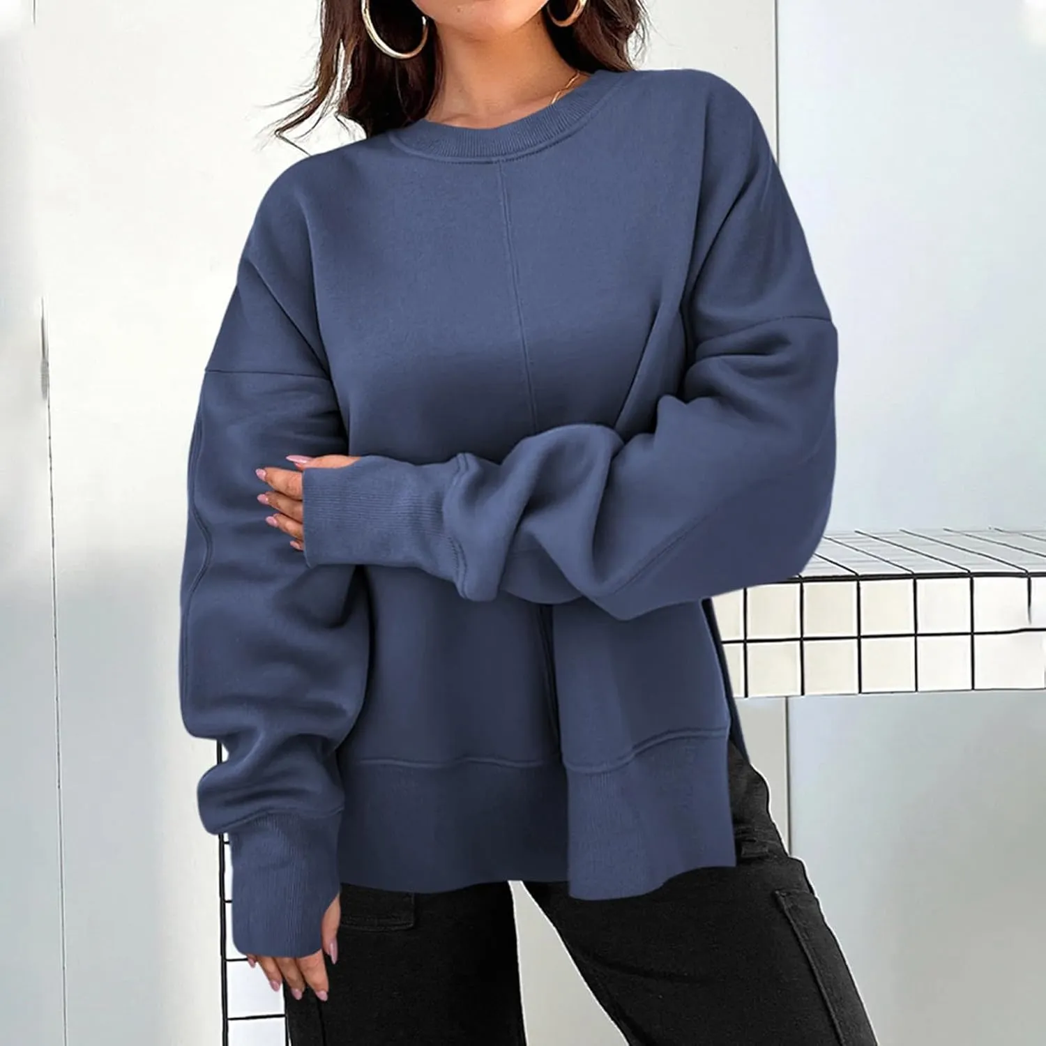 Crew Neck Sweatshirts Women Baggy Split Side Oversized Sweatshirt with Thumb Hole Comfy Lightweight Pullover Sweater