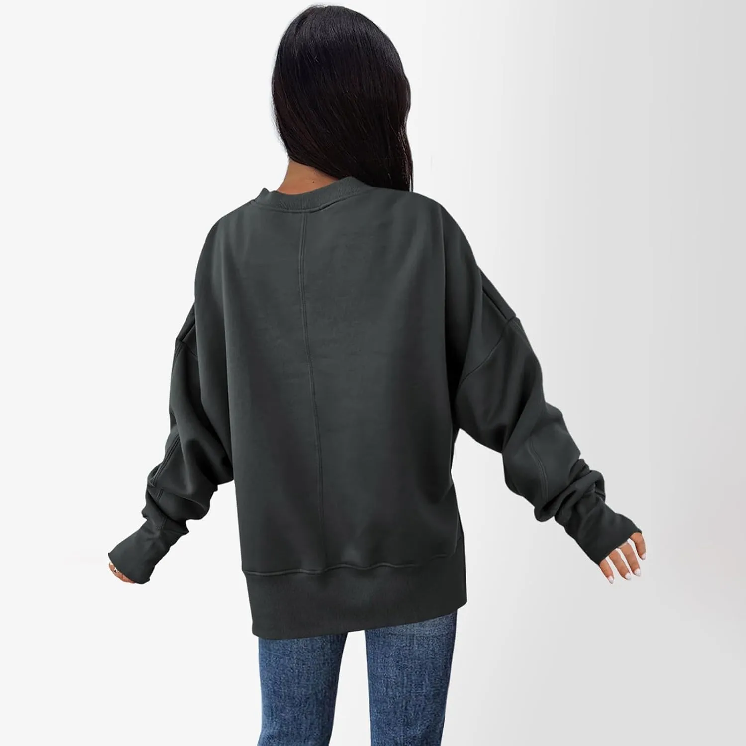 Crew Neck Sweatshirts Women Baggy Split Side Oversized Sweatshirt with Thumb Hole Comfy Lightweight Pullover Sweater