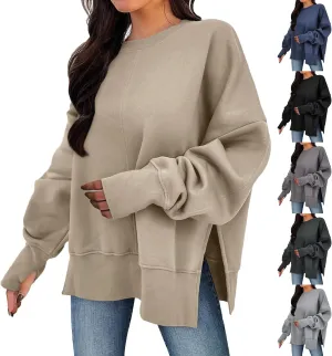 Crew Neck Sweatshirts Women Baggy Split Side Oversized Sweatshirt with Thumb Hole Comfy Lightweight Pullover Sweater