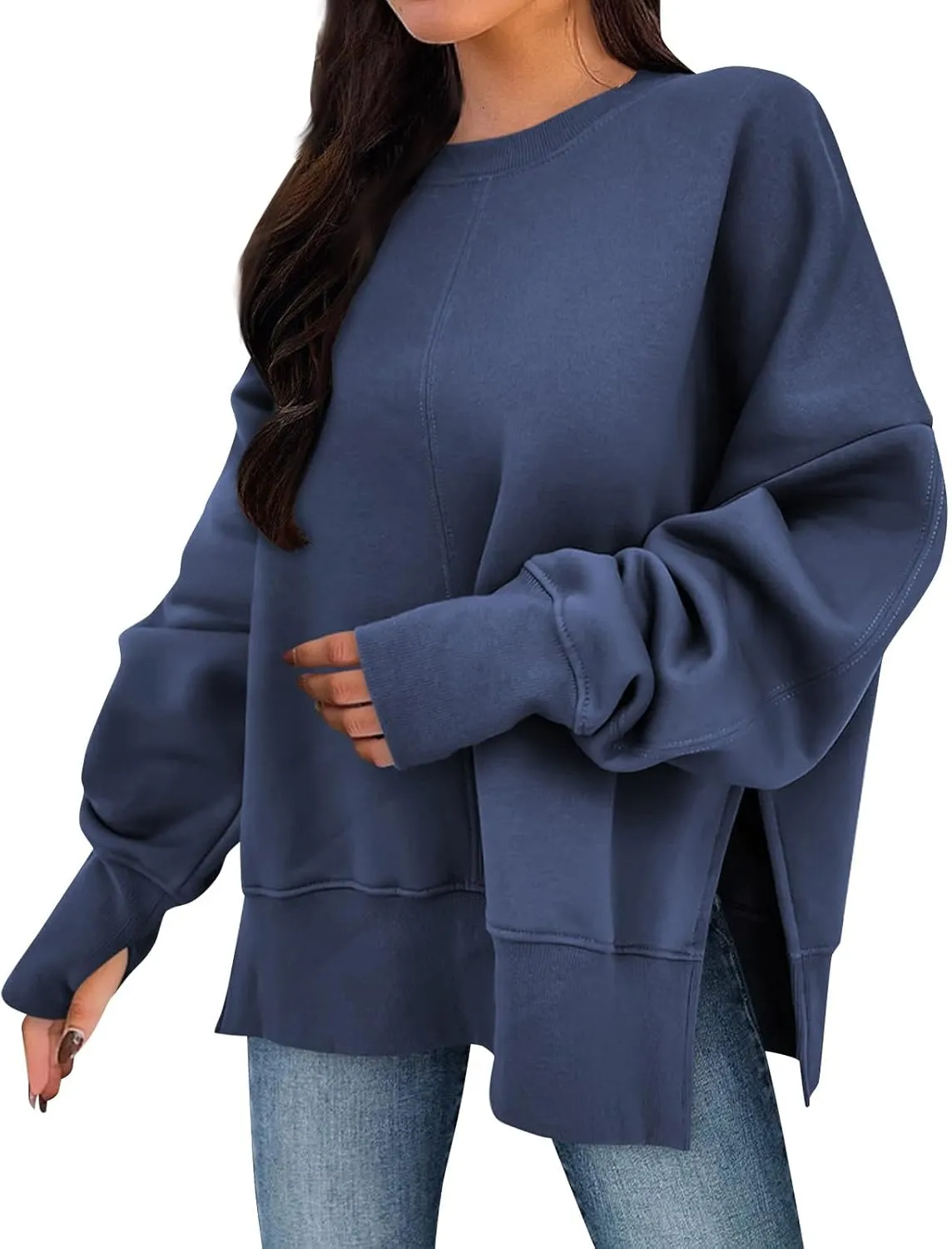 Crew Neck Sweatshirts Women Baggy Split Side Oversized Sweatshirt with Thumb Hole Comfy Lightweight Pullover Sweater