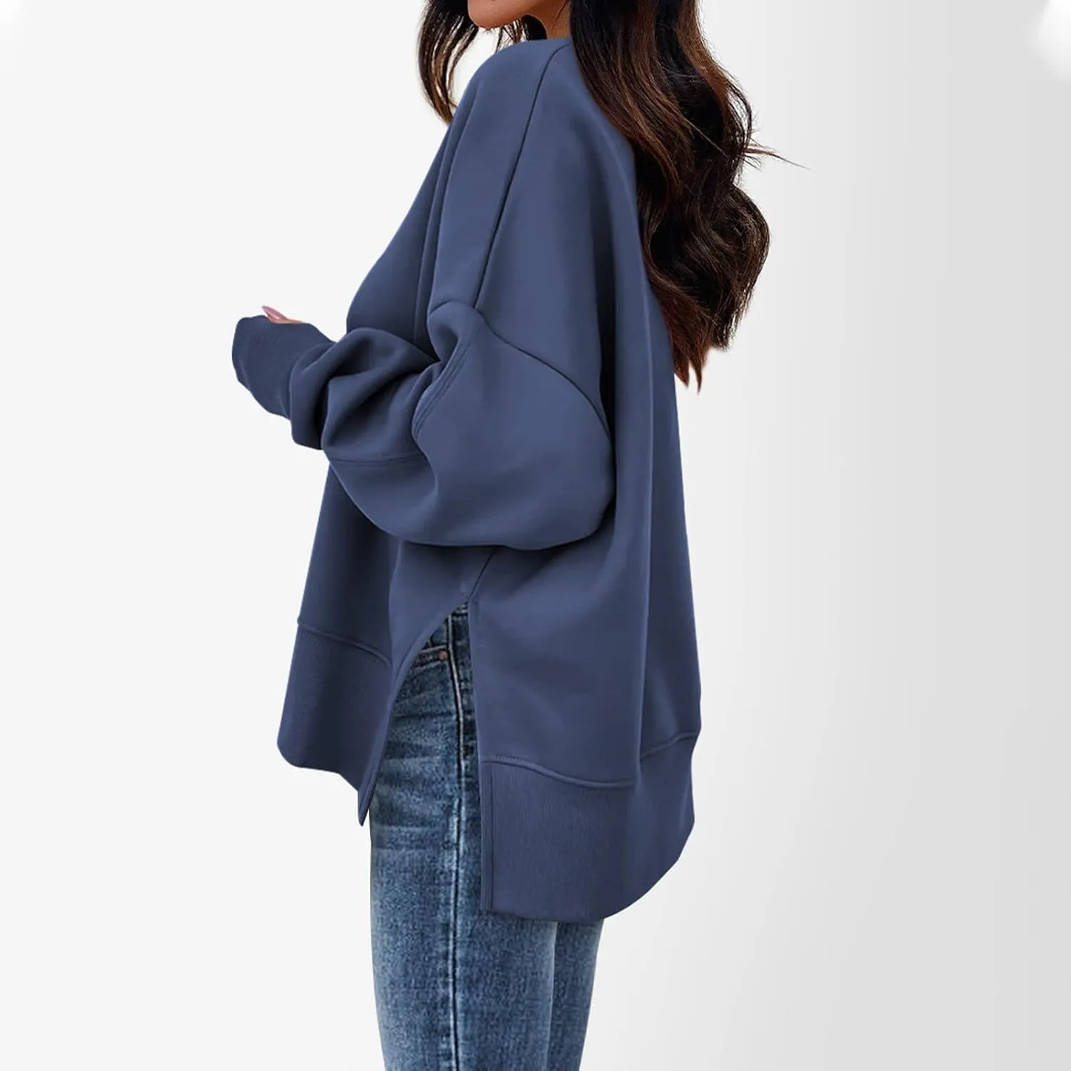 Crew Neck Sweatshirts Women Baggy Split Side Oversized Sweatshirt with Thumb Hole Comfy Lightweight Pullover Sweater