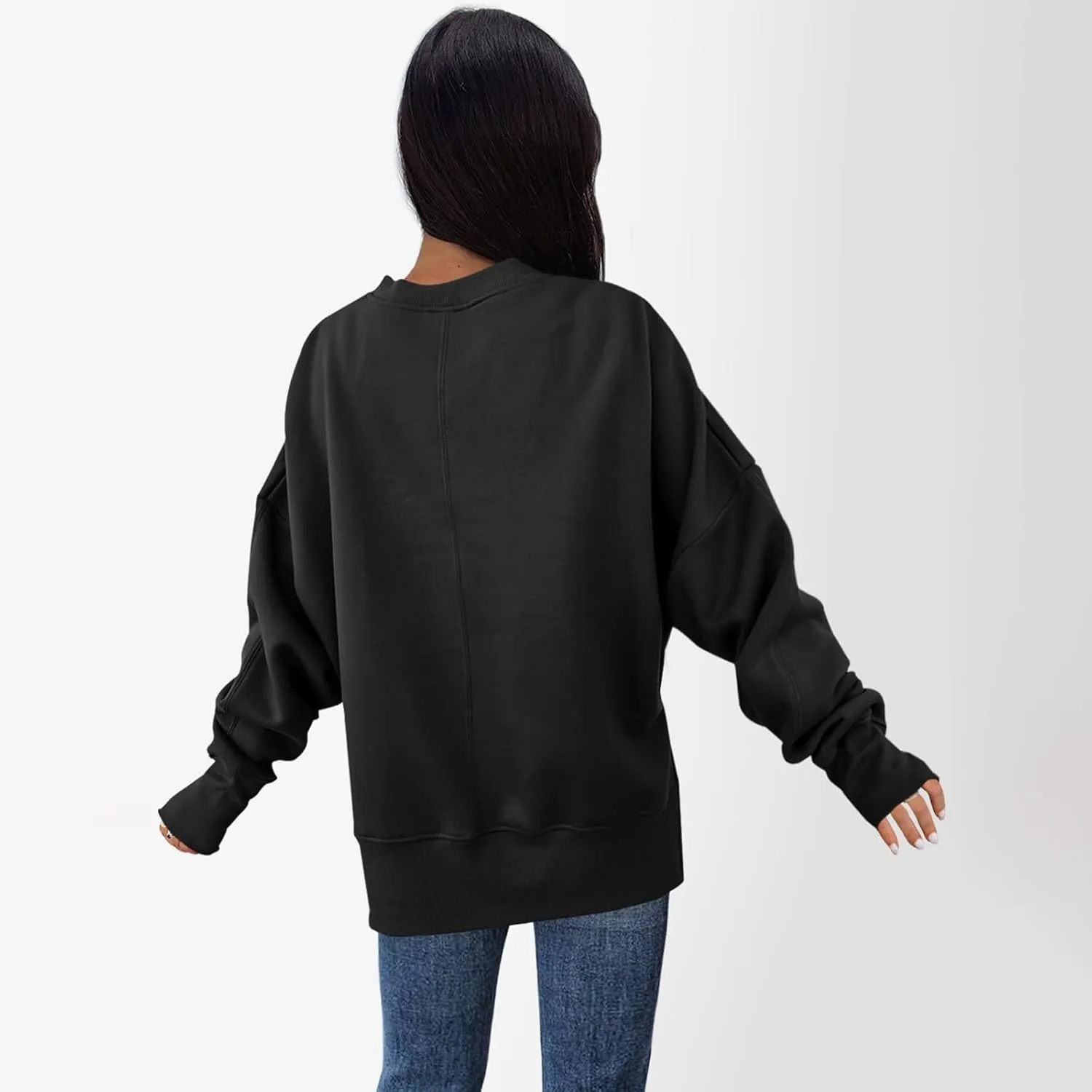 Crew Neck Sweatshirts Women Baggy Split Side Oversized Sweatshirt with Thumb Hole Comfy Lightweight Pullover Sweater