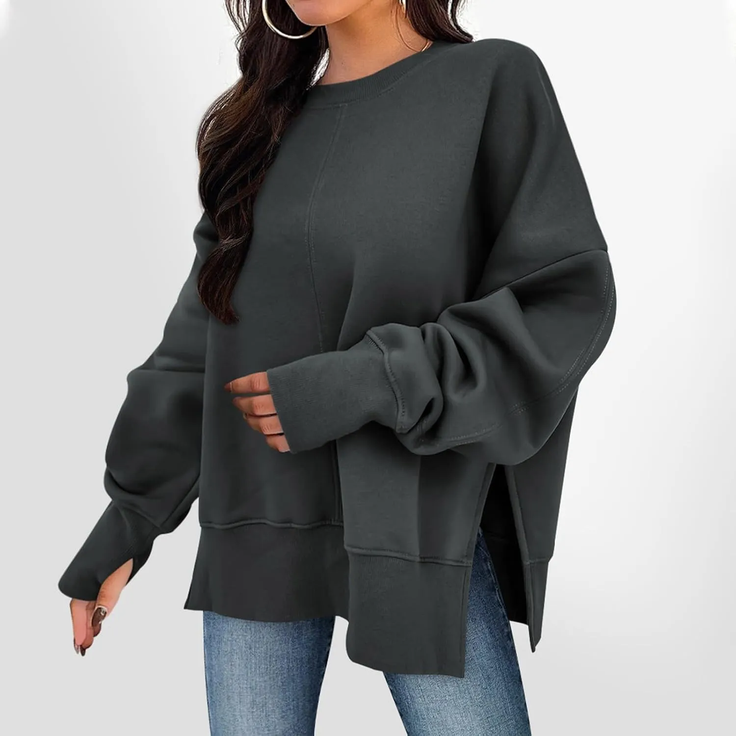 Crew Neck Sweatshirts Women Baggy Split Side Oversized Sweatshirt with Thumb Hole Comfy Lightweight Pullover Sweater