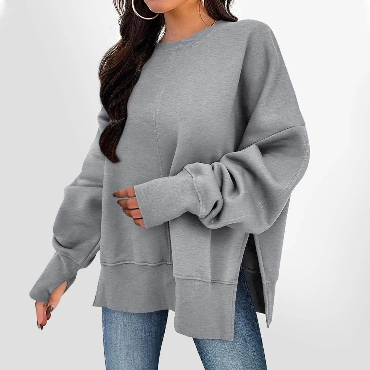 Crew Neck Sweatshirts Women Baggy Split Side Oversized Sweatshirt with Thumb Hole Comfy Lightweight Pullover Sweater