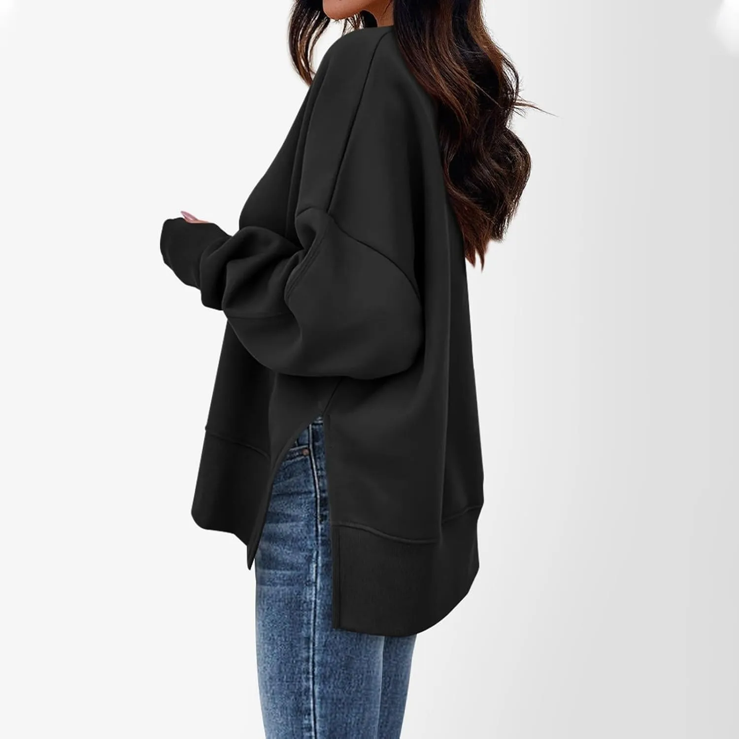 Crew Neck Sweatshirts Women Baggy Split Side Oversized Sweatshirt with Thumb Hole Comfy Lightweight Pullover Sweater