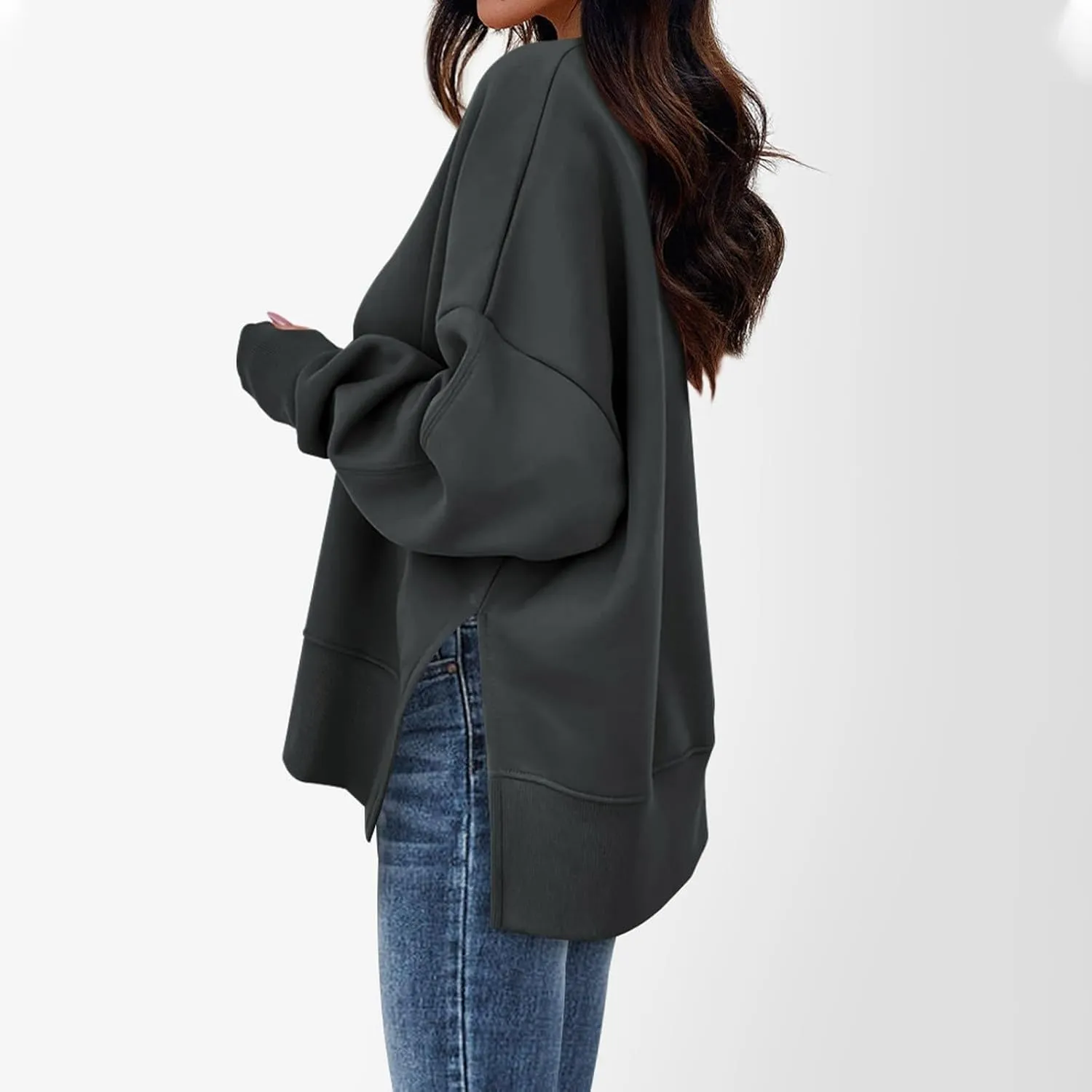 Crew Neck Sweatshirts Women Baggy Split Side Oversized Sweatshirt with Thumb Hole Comfy Lightweight Pullover Sweater