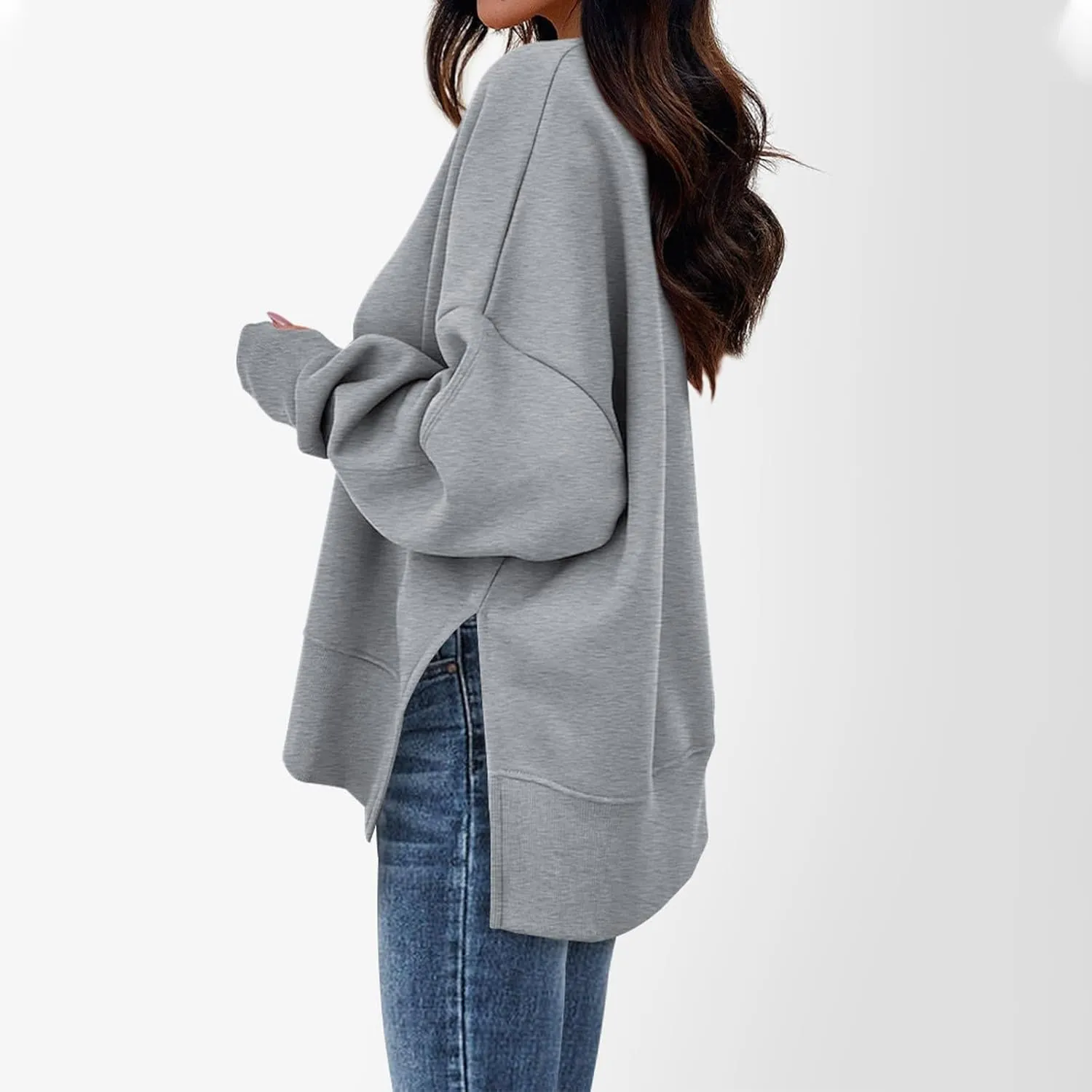 Crew Neck Sweatshirts Women Baggy Split Side Oversized Sweatshirt with Thumb Hole Comfy Lightweight Pullover Sweater
