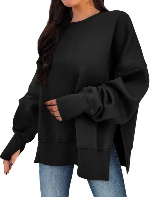 Crew Neck Sweatshirts Women Baggy Split Side Oversized Sweatshirt with Thumb Hole Comfy Lightweight Pullover Sweater