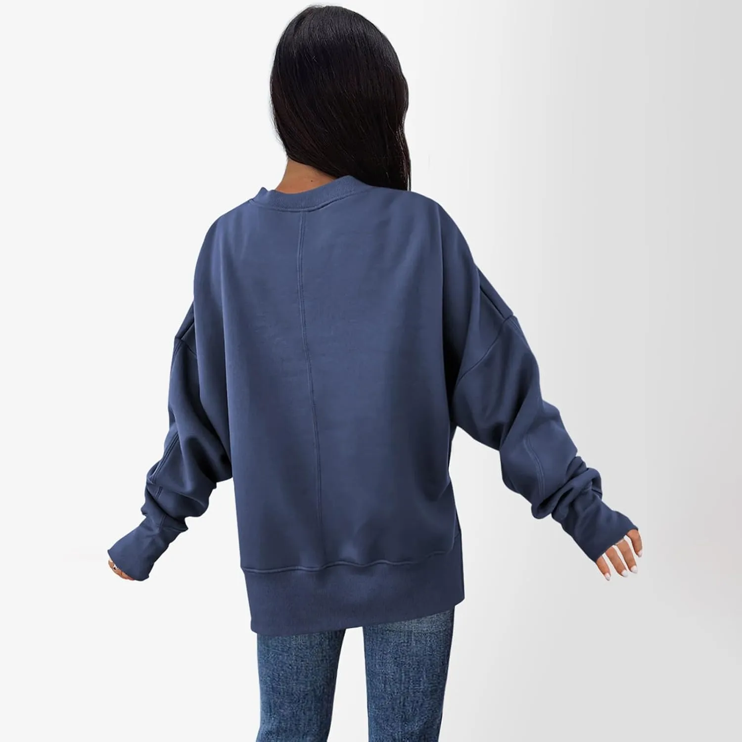 Crew Neck Sweatshirts Women Baggy Split Side Oversized Sweatshirt with Thumb Hole Comfy Lightweight Pullover Sweater