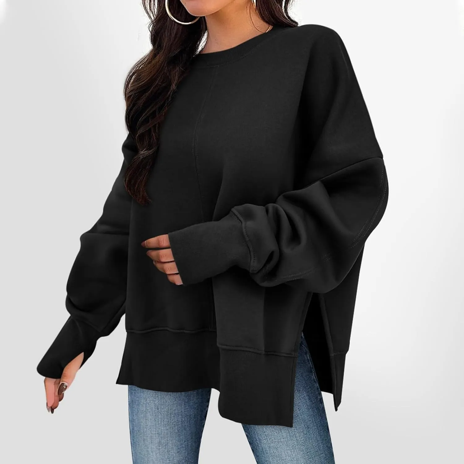 Crew Neck Sweatshirts Women Baggy Split Side Oversized Sweatshirt with Thumb Hole Comfy Lightweight Pullover Sweater