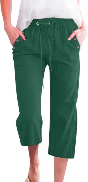 Cropped Trousers Women Drawstring Elasticated Waist Straight Leg Capri Pant Lounge Cotton Linen Shorts with Pockets