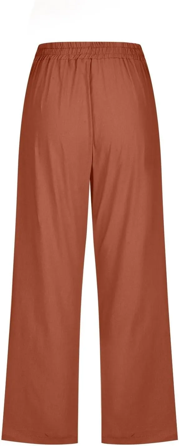 Cropped Trousers Women Drawstring Elasticated Waist Straight Leg Capri Pant Lounge Cotton Linen Shorts with Pockets