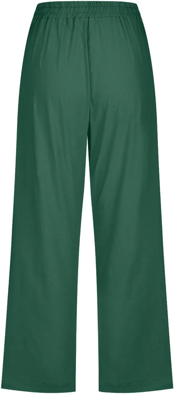 Cropped Trousers Women Drawstring Elasticated Waist Straight Leg Capri Pant Lounge Cotton Linen Shorts with Pockets