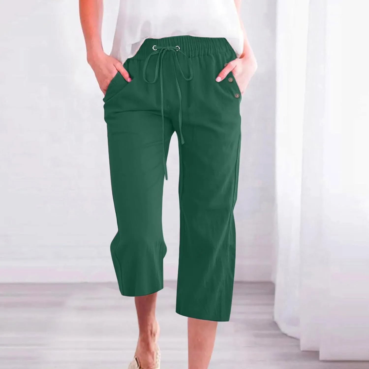 Cropped Trousers Women Drawstring Elasticated Waist Straight Leg Capri Pant Lounge Cotton Linen Shorts with Pockets