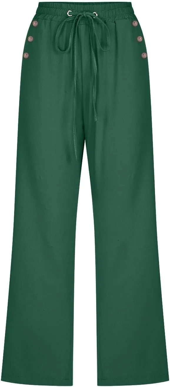 Cropped Trousers Women Drawstring Elasticated Waist Straight Leg Capri Pant Lounge Cotton Linen Shorts with Pockets