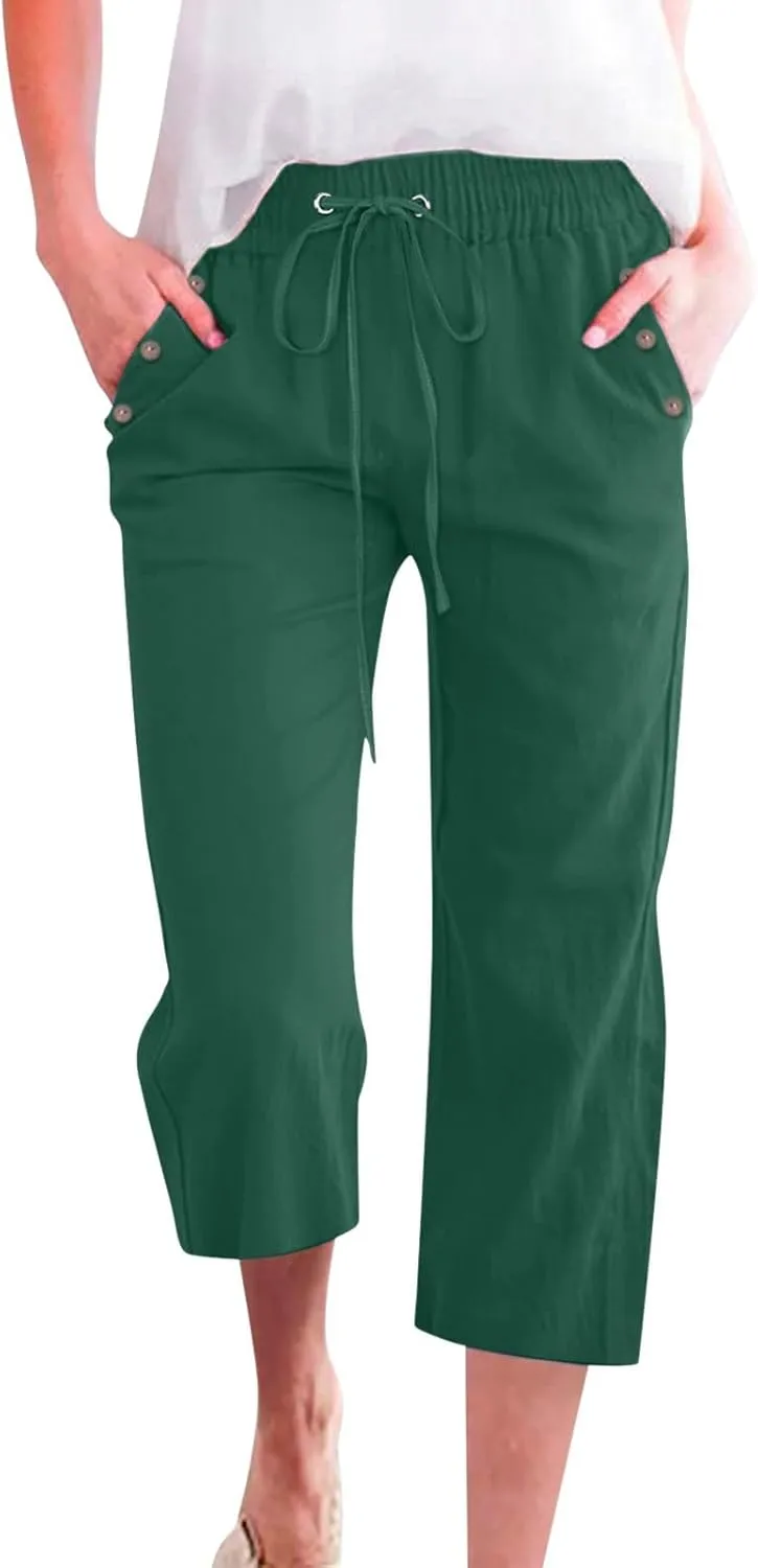 Cropped Trousers Women Drawstring Elasticated Waist Straight Leg Capri Pant Lounge Cotton Linen Shorts with Pockets
