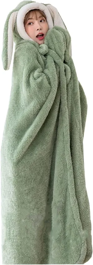 Cute Bunny Ear Wearable Hooded Blanket with Hand Gloves for Women Girls 59inch Length Warm Cozy Plush Flannel Hoodie Poncho Throw Cloak Wrap Cape Fluffy Couch Sofa Bed Fleece Blanket Christmas Gifts