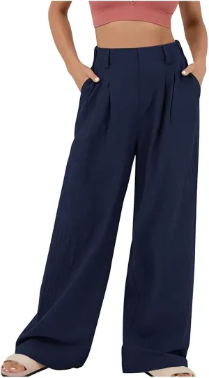 Dressy Cotton Linen Pants for Women, Pleated High Waist Palazzo Trousers Relax Fit Business Work Office Casual Pant