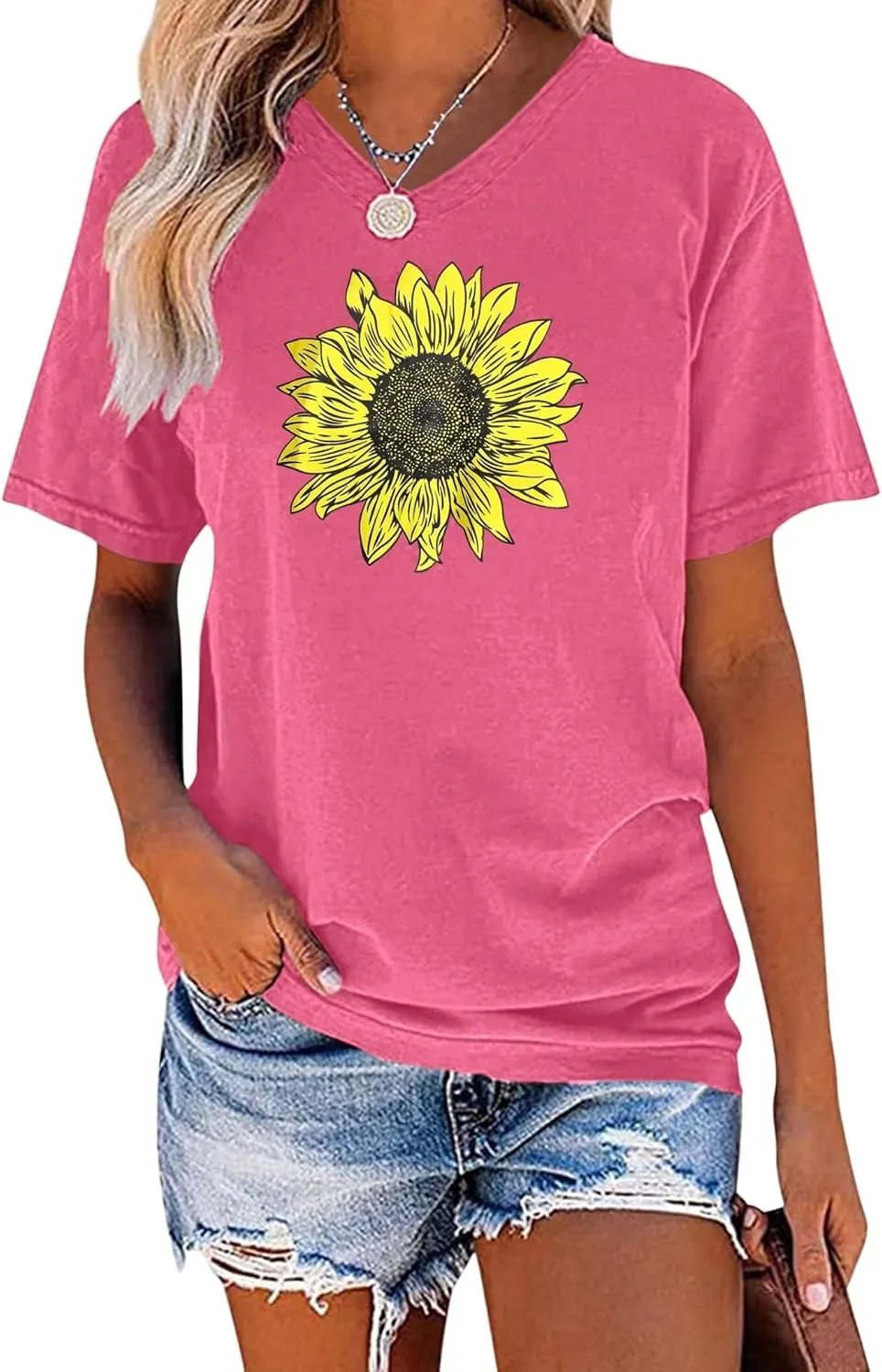 EADINVE Women's Short Sleeve V Neck Sunflower Graphic Printed Summer Tee Vintage T Shirt Cotton Tops Novelty Cool Shirt