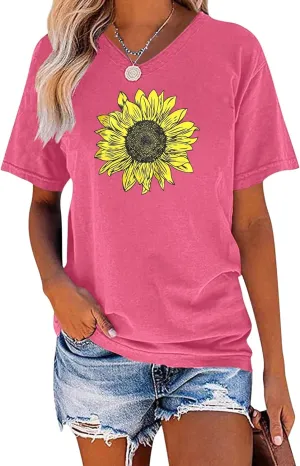 EADINVE Women's Short Sleeve V Neck Sunflower Graphic Printed Summer Tee Vintage T Shirt Cotton Tops Novelty Cool Shirt