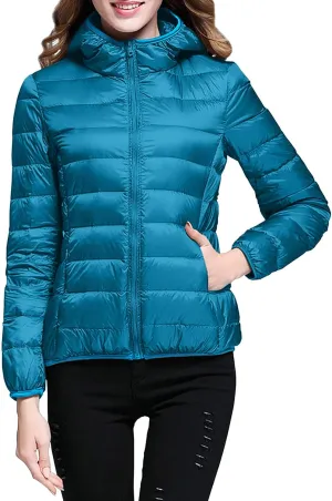 EMRELOD Women Down Jacket with Hood Lightweight Packable Zipper Winter Coat Slim Fit Casual Outdoor Solid Short Puffy Jacket