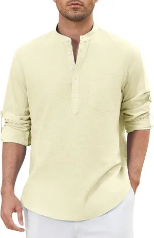 Enlision Mens Cotton Linen Henley Shirts Casual Long Sleeve Summer Beach Shirt Hawaii Hippie Button Down T-Shirt for Men