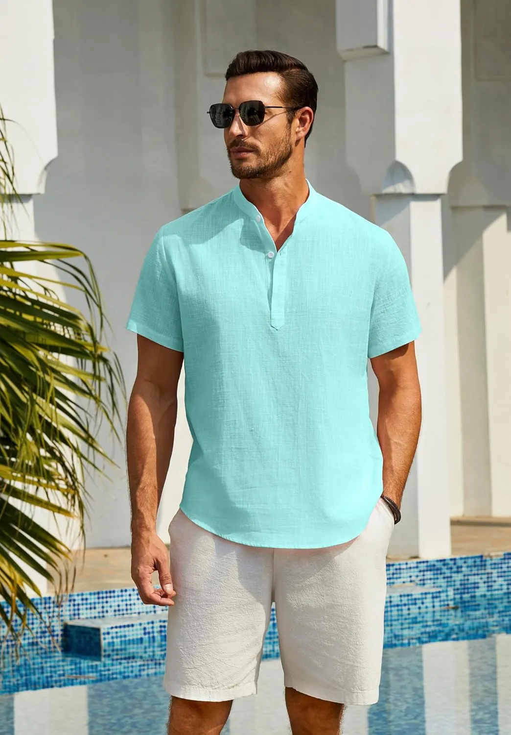 Enlision Mens Cotton Linen Henley Shirts Casual Short Sleeve Shirt Summer Beach Hippie Tshirt Band Collar Shirt for Men