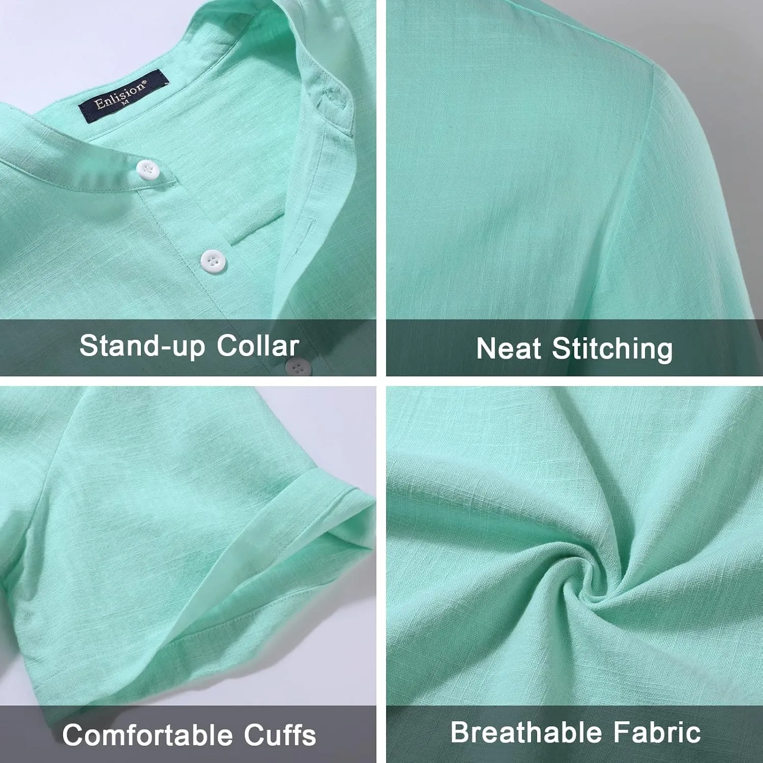 Enlision Mens Cotton Linen Henley Shirts Casual Short Sleeve Shirt Summer Beach Hippie Tshirt Band Collar Shirt for Men