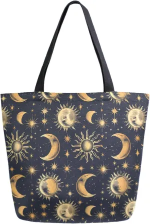 Extra Large Canvas Shoulder Tote Bag, Magic Galaxy Planets Stars Moon Durable Daily Womens Handle Bag for Gym Yoga Weekender Picnic Beach Travel Kitchen Reusable Market Grocery Shopping