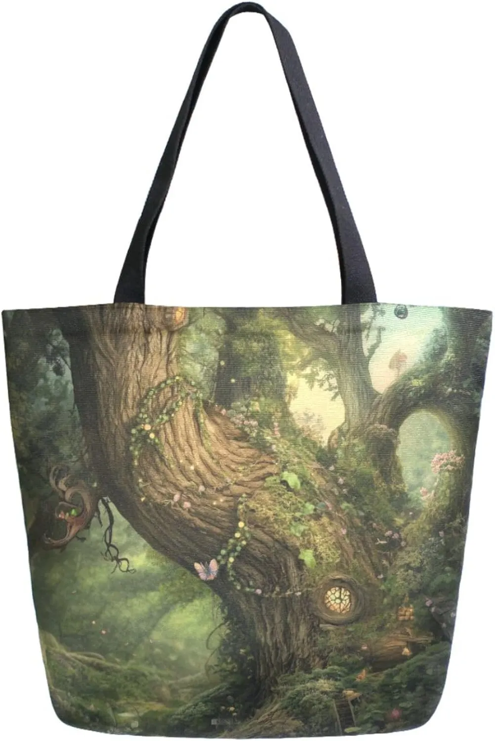 Extra Large Shoulder Grocery Tote Bag, Fairy Forest Old Tree House Canvas Durable Daily Handle Bag Reusable for Gym Weekender Picnic Yoga Beach Travel Kitchen Market Shopping