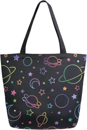 Extra Large Shoulder Grocery Tote Bag, Night Sky Rinbow Stars Black Canvas Durable Daily Handle Bag Reusable for Gym Weekender Picnic Yoga Beach Travel Kitchen Market Shopping