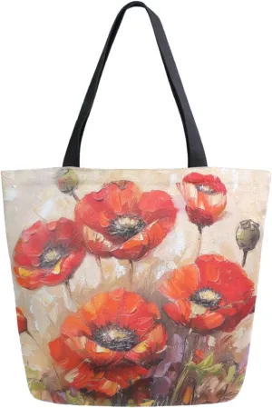 Extra Large Shoulder Gym Tote Bag, Blooming Red Poppy Art Painting Canvas Handle Bag for Yoga Weekender Picnic Beach Travel Kitchen Reusable Market Grocery Shopping