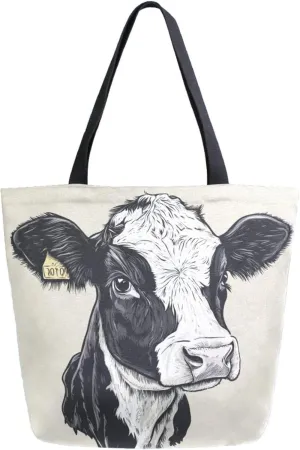 Extra Large Shoulder Gym Tote Bag, Farm Cow Head Graphic Gray Canvas Handle Bag for Yoga Weekender Picnic Beach Travel Kitchen Reusable Market Grocery Shopping