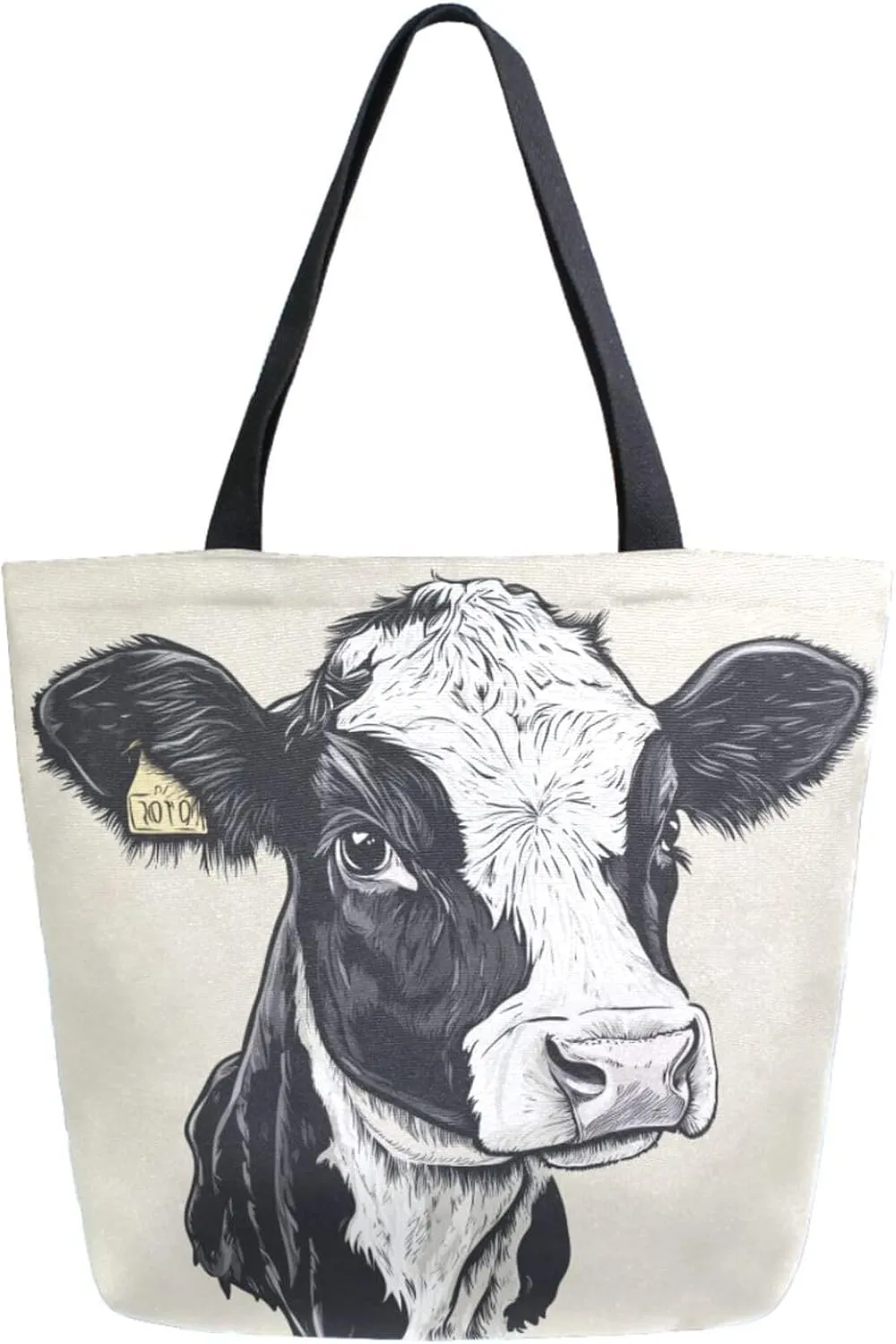 Extra Large Shoulder Gym Tote Bag, Farm Cow Head Graphic Gray Canvas Handle Bag for Yoga Weekender Picnic Beach Travel Kitchen Reusable Market Grocery Shopping