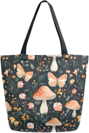 Extra Large Shoulder Gym Tote Bag, Mushroom Butterfly Leaves Dark Canvas Handle Bag for Yoga Weekender Picnic Beach Travel Kitchen Reusable Market Grocery Shopping