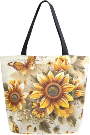 Extra Large Shoulder Gym Tote Bag, Retro Style Sunflower Butterfly Beige Canvas Handle Bag for Yoga Weekender Picnic Beach Travel Kitchen Reusable Market Grocery Shopping
