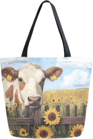 Extra Large Shoulder Gym Tote Bag, Retro Sunflower Filed Fence Cow Canvas Handle Bag for Yoga Weekender Picnic Beach Travel Kitchen Reusable Market Grocery Shopping