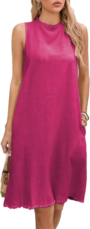 Famulily Summer Linen Dresses for Women Cute Sleeveless Ruffled Mock Neck Mini Dress with Side Pockets
