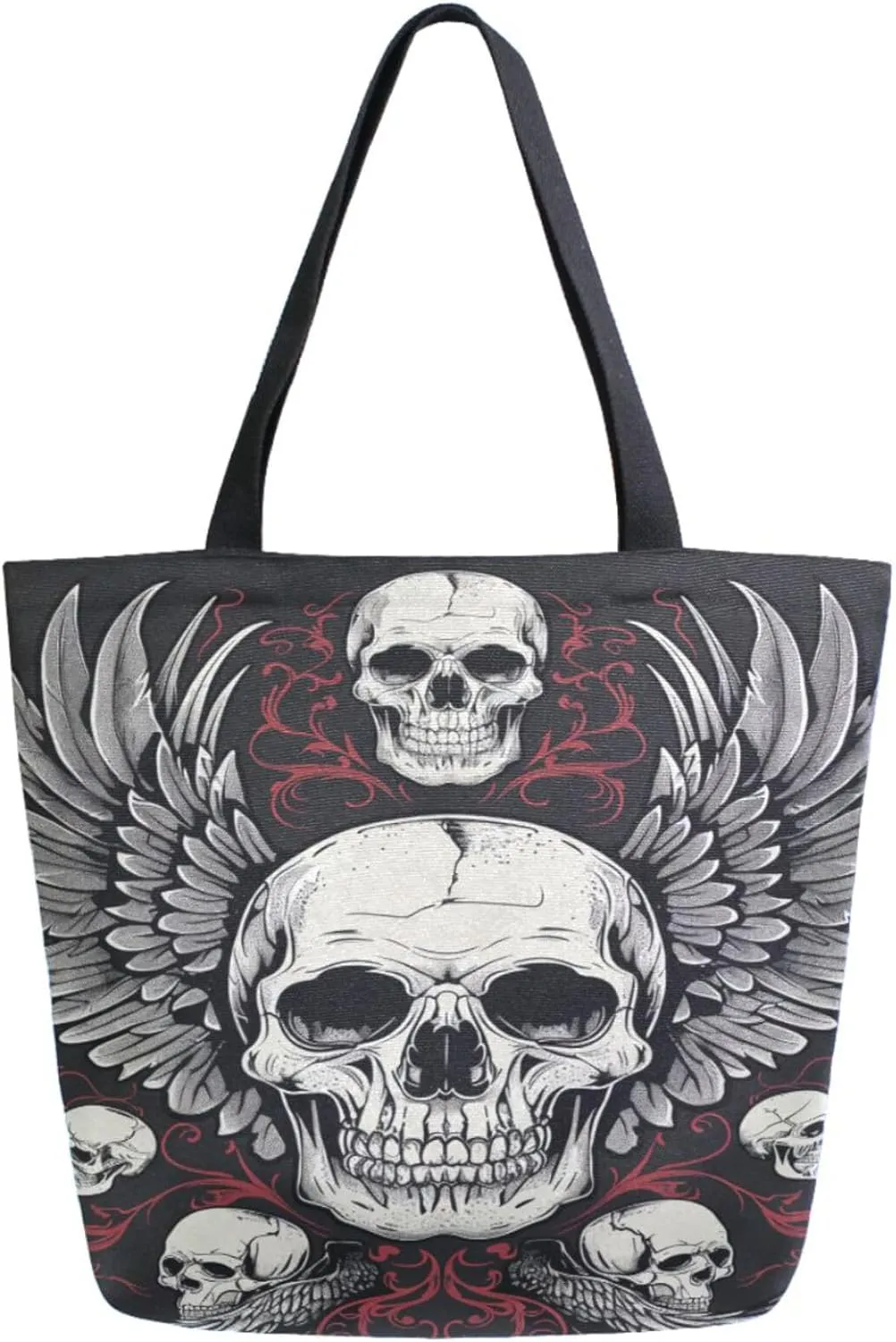 Fashion Extra Large Shoulder Grocery Tote Bag, Gothic Design Skulls with Wings Canvas Daily Handle Bag for Gym Yoga Weekender Beach Travel Picnic Kitchen Reusable Market Shopping