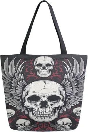 Fashion Extra Large Shoulder Grocery Tote Bag, Gothic Design Skulls with Wings Canvas Daily Handle Bag for Gym Yoga Weekender Beach Travel Picnic Kitchen Reusable Market Shopping