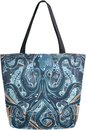 Fashion Extra Large Shoulder Grocery Tote Bag, Vintage Nautical Anchors Octopus Blue Canvas Daily Handle Bag for Gym Yoga Weekender Beach Travel Picnic Kitchen Reusable Market Shopping