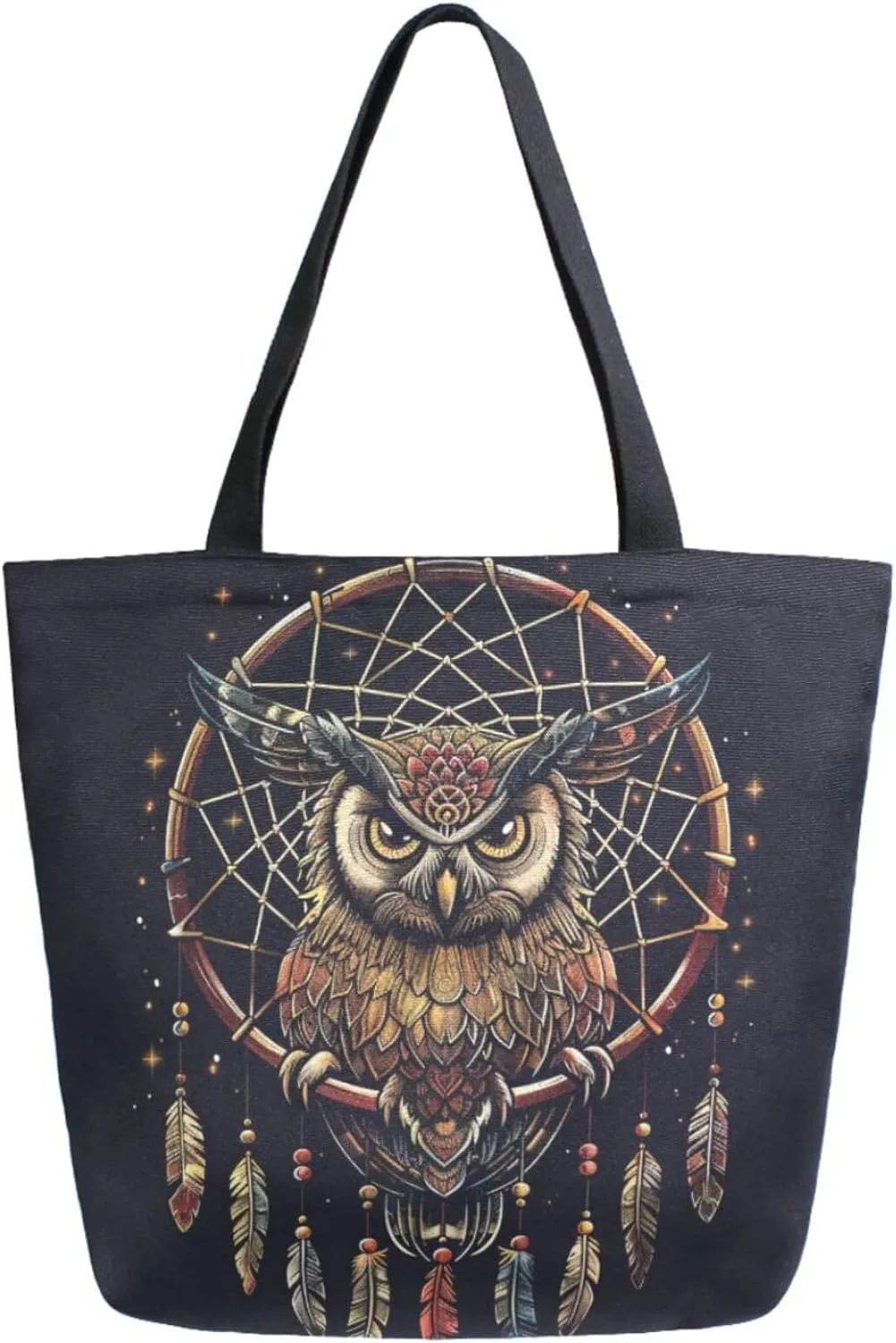 Fashion Pattern Extra Large Shoulder Grocery Tote Bag, Beautiful Art Dream Catcher Owl Canvas Daily Handle Bag for Gym Weekender Beach Travel Kitchen Reusable Market Shopping