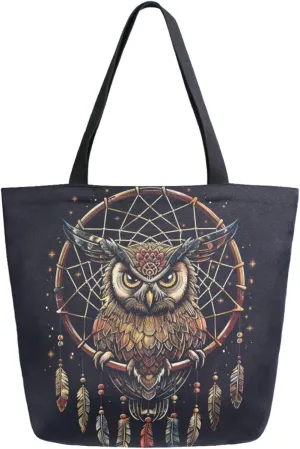 Fashion Pattern Extra Large Shoulder Grocery Tote Bag, Beautiful Art Dream Catcher Owl Canvas Daily Handle Bag for Gym Weekender Beach Travel Kitchen Reusable Market Shopping
